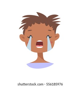 Cry Emoji character. Cartoon style emotion icon. Isolated black girl avatar with sad facial expression. Flat illustration women's emotional face. Hand drawn vector drawing emoticon