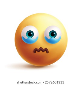 Cry emoji clipart 3d character. Crying emoji face, unhappy, sad, quiet, depressed, grief and tear drops facial expression yellow round graphic element. Vector illustration cry emoticon clip art.  
