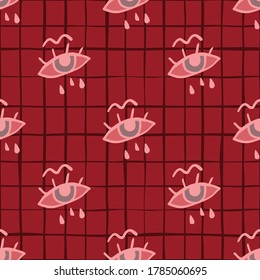 Cry eyes seamless simple doodle pattern. Naive design. Red chequered background. Perfect for wallpaper, wrapping paper, textile print, fabric. Vector illustration.
