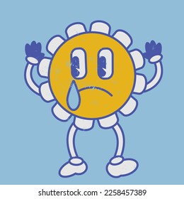 Cry face retro chamomile flower emoji smile. Disappointed vintage 50s 60s 70s style retro flower naive emoticon with tear. Worn effect texture. Vector cartoon hero with eyes, mouth, hands, legs image.
