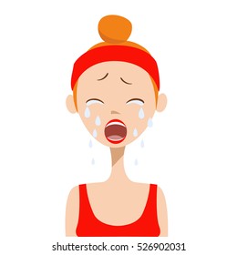 Cry girl in the sportswear. Flat character vector illustration. Sadness avatar women face. Beautiful depression girl face with depressed emotion. Weeping avatar.