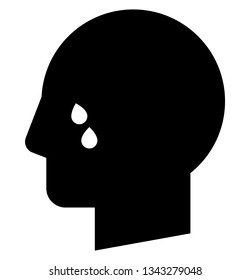 Cry icon. Vector icon of male profile with tears on face