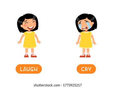 CRY and LAUGH antonyms flashcard vector template. Opposites concept. Word card for English language learning with flat characters. Asian girl sad and girl happy illustration with typography