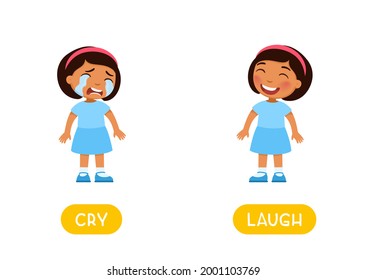 CRY and LAUGH antonyms, Opposites concept. Word card for English language learning with cartoon characters. Dark skin girl sad and girl happy illustration 