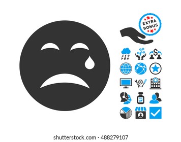 Cry pictograph with bonus design elements. Vector illustration style is flat iconic bicolor symbols, blue and gray colors, white background.