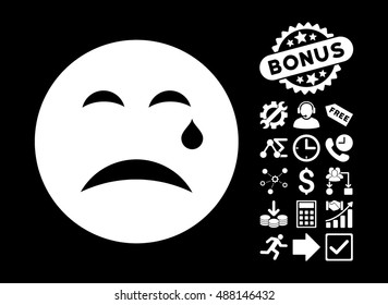 Cry pictograph with bonus pictogram. Vector illustration style is flat iconic symbols, white color, black background.