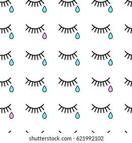 cry. Seamless background with tears and eyelashes. Black eyelashes on a white background. Blue tears