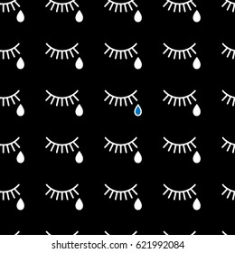 cry. Seamless pattern with tears and eyelashes. Flat linear pattern.