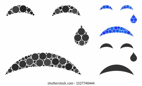 Cry smiley composition of circle elements in variable sizes and color hues, based on cry smiley icon. Vector round elements are grouped into blue composition.