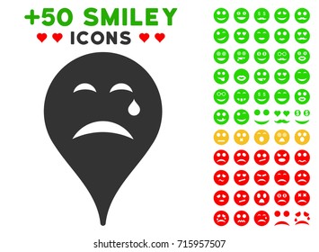Cry Smiley Map Marker pictograph with bonus emotion pictograms. Vector illustration style is flat iconic elements for web design, app user interfaces.