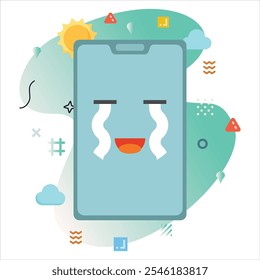 Cry Tense Emoji Expression on Smartphone Screen - Cheerful Digital Illustration with White Background and Abstract Shapes | Cry Tense emoji icon design on smartphone screen