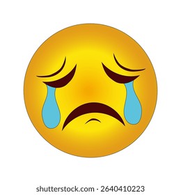 Cry vector icon. Sad face shape. Yellow color design. White background symbol.