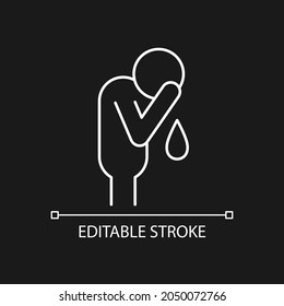 Cry white linear icon for dark theme. Experiencing negative emotions. Depression. Crying man. Thin line customizable illustration. Isolated vector contour symbol for night mode. Editable stroke