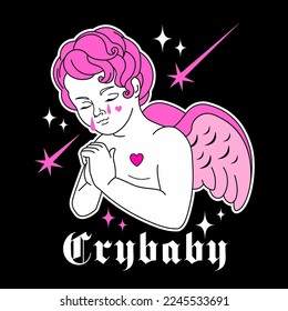 Crybaby angel, y2k glamour sticker with gothic slogan.Goth black and pink print with sad crying baby cupid with hearts. Vintage isolated sticker. Weird emo gothic graphic, 90s, 00s love aesthetic.