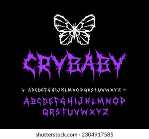 Crybaby Dark Lettering tattoo vector type font. Y2k Grunge style type font with Gothic Pank Rock and Dark Rock butterfly sign. Tattoo font 2000s concept. Gothic Rock style lettering for print design