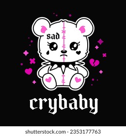 "Crybaby"- y2k Teddy Bear toy in 2000s aesthetic gothic punk style . Emo Gothic 00's tattoo sticker, black and pink colors. Cute Teddy Bear with tattoos and studded collar for y2k print design