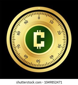 Crycash (CRC) cryptocurrency safe lock. Eps10 vector illustration isolated on black background.