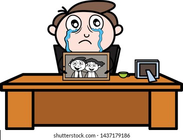 Crying after Missing His Wife - Office Businessman Employee Cartoon Vector Illustration