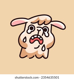 Crying animal face with tears in panic. Sad sheep cry, scream. Scared, upset cute alpaca muzzle. Fluffy weeping lama head. Emotion and expression, childish sticker. Flat isolated vector illustration