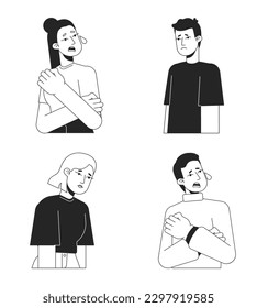 Crying in anxiety and depression flat line black white vector characters set. Editable isolated outline half body people. Simple cartoon style spot illustration pack for web graphic design, animation