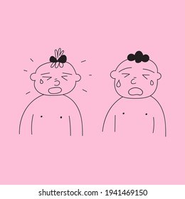 Crying babies. Outline vector illustration on pink background. 