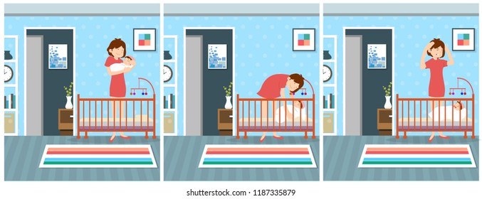 Crying Baby After Her Mom Puts Her To Sleep Cartoon Illustration