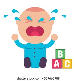 Crying Baby And Alphabet Bricks, Colorful Flat Style Vector Illustration