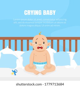 Crying Baby Banner with Place for Text, Cute Little Baby in Diaper Sitting in the Bed and Crying Vector Illustration