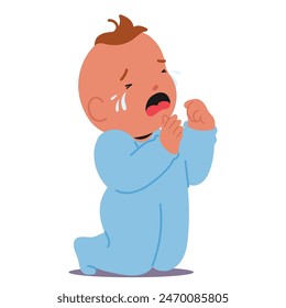 Crying Baby In Blue Onesie Kneeling And Expressing Discomfort Or Need Isolated On White Background. Baby Boy With Pouring Tears And Wide-open Mouth Capture Moment Of Upset. Cartoon Vector Illustration