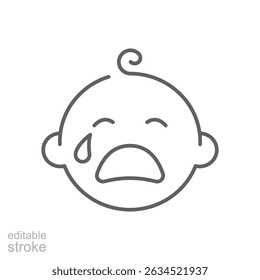 Ícone de linha de bebê chorando, sinal de contorno, pictograma de estilo linear isolado. Símbolo, ilustração de logotipo. Traçado editável