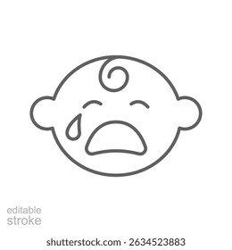 Ícone de linha de bebê chorando, sinal de contorno, pictograma de estilo linear isolado. Símbolo, ilustração de logotipo. Traçado editável