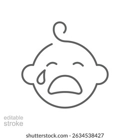 Ícone de linha de bebê chorando, sinal de contorno, pictograma de estilo linear isolado. Símbolo, ilustração de logotipo. Traçado editável