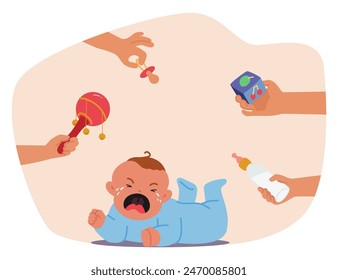 Crying Baby Boy Lying Down While Being Comforted By Multiple Hands, Offer A Rattle, Pacifier, Toy Block And Milk Bottle To Soothe Upset Infant. Vector Scene Captures The Challenge In Comforting A Baby