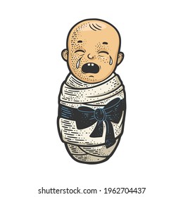 crying baby color sketch engraving vector illustration. T-shirt apparel print design. Scratch board imitation. Black and white hand drawn image.