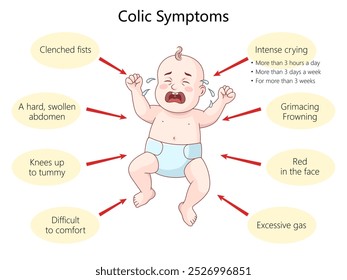 bebê chorando com sintomas de cólica comuns, punhos cerrados, abdômen inchado, gás excessivo, dificuldade para confortar diagrama desenhado à mão ilustração vetorial esquemático. Ilustração educacional de ciências médicas