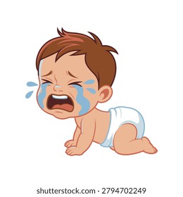 Crying baby crawling on floor with tears on face and frown expression