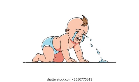 Crying baby crawling water splash drooling liquid tears emotion distress melancholy sadness upset frustration agitation expression unhappiness discomfort