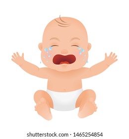 Crying Baby, Cute Cartoon Sitting Little Child Isolated Vector 