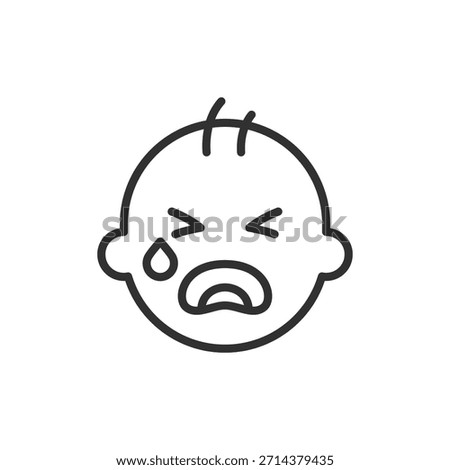 Crying baby face, linear icon. Infant sadness and emotional distress. Line with editable stroke.