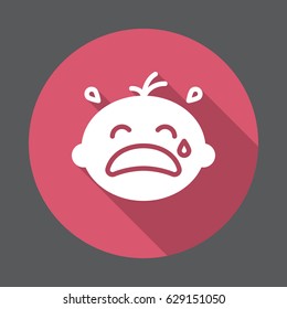Crying baby flat icon. Round colorful button, circular vector sign with long shadow effect. Flat style design