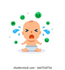 A crying Baby and lot of germ. Isolated Vector Illustration.