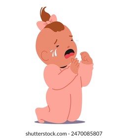 Crying Baby Girl Dressed In A Pink Onesie. Infant With Teary Eyes And Raised Hands, Expressing Upset Or Distress. Cartoon Vector Illustration Related To Childcare, Parenting, Or Children Emotions