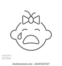 Ícone de linha de bebê chorando, sinal de contorno, pictograma de estilo linear isolado. Símbolo, ilustração de logotipo. Traçado editável