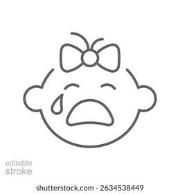 Ícone de linha de bebê chorando, sinal de contorno, pictograma de estilo linear isolado. Símbolo, ilustração de logotipo. Traçado editável