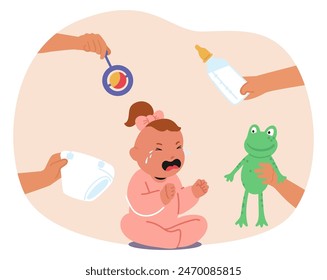 Crying Baby Girl Seated, Surrounded By An Outstretched Hands Holding Frog Plush Toy, Rattle, Bottle And Diaper, Capturing A Moment Of Distress And Comfort Attempts In A Nurturing Setting, Vector