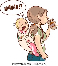 crying baby and mother cared vector drawing