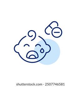 Crying baby and pills. Soothing relief medication for infants. Pediatric care essentials. Pixel perfect, editable stroke icon