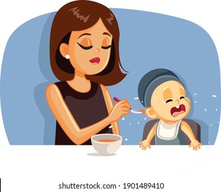 Crying Baby Refusing to Eat Vector Illustration. Upset mother trying to spoon feed fussy capricious child 
