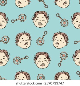 Crying baby seamless pattern. Vector print with sad kids and rattles
