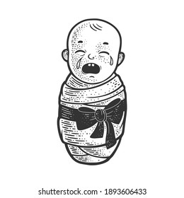 crying baby sketch engraving vector illustration. T-shirt apparel print design. Scratch board imitation. Black and white hand drawn image.